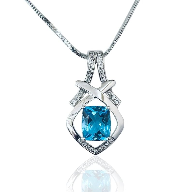 Collier trillon argent topaze naturelle zircone pendentif bleu 45 cm