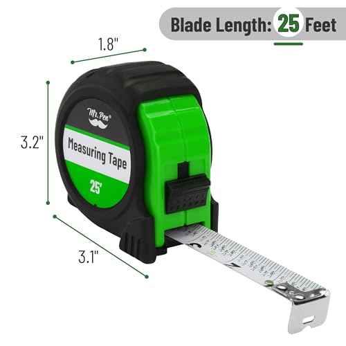Image of Mr. Pen- Tape Measure, 25-Foot, Green, Steel Measuring Tape, Tape Measure with Fractions, Easy Read Tape Measure, Tape Measure 25 ft, Steel Tape Measure, Retractable Measuring Tape Retractable