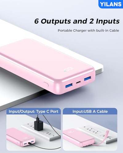 Image of Portable Charger,50000mAh Power Bank Built-in Cable, 22.5W PD USB C In & Out Fast Charging, External Battery Pack with 6 Output & 2 Input, Travel Phone Charger for iPhone 17 /16 /15 /14 /13 /12(Rosy)