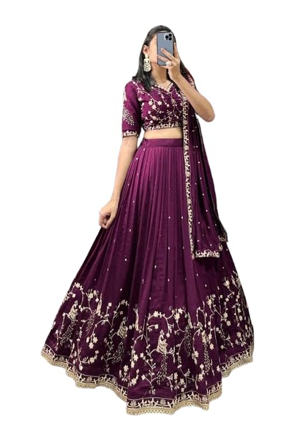 Women's Embroidered Vichitra Silk Lehenga Choli Dupatta Set Semi-Stitched Blouse and Fit & Flare Style