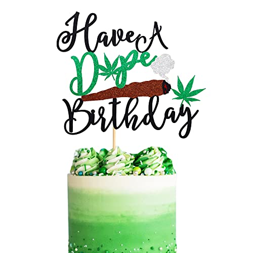 Arthsdite Have a Dope Geburtstagstortenaufsatz Topf Blatt Unkrautblätter Happy Birthday Kuchen Dekoration Marihuana Dope 420 Geburtstag Party Supplies für Mann Frauen - Schwarz Grün Glitzer