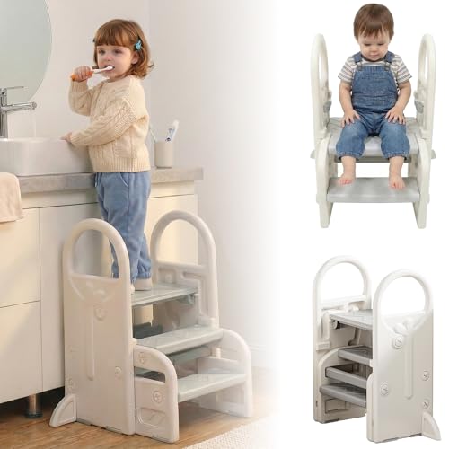 Bathroom Foot Step Stool for Kids, Toddler Step Stool Toilet Potty Training Tower with Handles and Anti-toppling Feet for Toddler (Grey White)