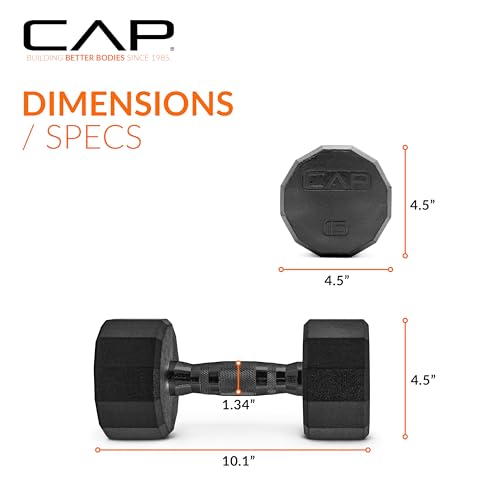 Image of CAP Rubber Coated Dumbbell Weights, Free Weights for Home Gym Strength Training, Anti-Roll Hex Dumbbells with Black, Chrome & Comfort Grip Handles, Singles