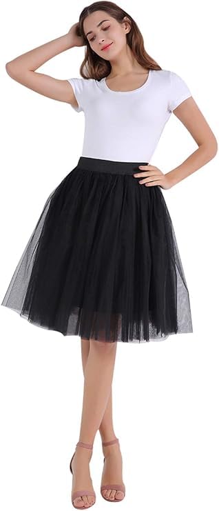 schwarzer Rock,4 Layers Tütü Rock Damen Leicht Blickdicht Tüllrock Lang Petticoat Unterrock Elastische Hohe Taille A-Linie Große Größen Tüll...