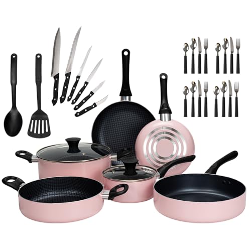 El Mejor Listado de Edicion especial - solo los mejores. 42 SIGNA Bateria De Sartenes De Aluminio Bateria De Cocina Con Revestimiento Antiadherente Juego De Ollas Y Sartenes Incluye Un Set De Cubiertos Completos 4 Personas 32 Piezas (Rosa)