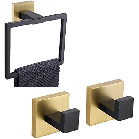 TQKAG Bathroom Square Towel Ring & Towel Hooks Coat Robe Clothes for Kitchen Bath Stainless Steel Wall Mounted, Black/Gold Cover