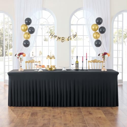 Image of 4 Pack Black Fitted Spandex Table Cloth Rectangle 8ft, Wrinkle Free High-Stretch Skirted Tablecloths for 8 Foot Rectangle Tables, Decor Parties Weddings Birthday Banquet Spandex Table Cloths Cover