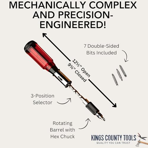 Kings County Tools Yankee Style Screwdriver | 7 Double-Sided Bits Included | Rotating Barrel with Hex Chuck | 3-Position Selector - Locked, Spiral-In and Spiral-Out | Easy on Hands