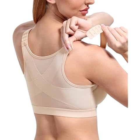 HACI Women's Front Closure Posture Bra Full Coverage Back Support Wireless Comfy Unpadded(Beige,42C) Cover