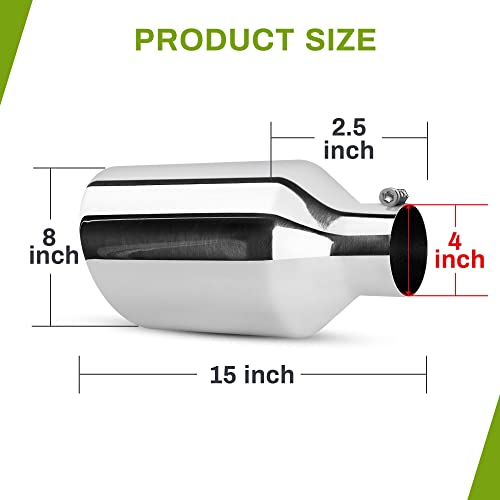 Autosaver88 4 Inch Inlet Exhaust Tip, 4" Inlet 8" Outlet 15" Overall Length Chrome-Plated Finish Stainless Steel Exhaust Tail Tip For 4" Outside Diameter Tailpipe, Rolled Angle Cut, Bolt-On, Polished #TOP4