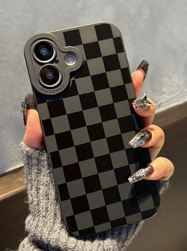 Jusnfu for iPhone 17 Case 6.3 Inch 2025, Aesthetic Checkered Goth Phone Case for Women Girls Men, Slim Silicone Protective Phone Cover for iPhone 17, Black Checkered