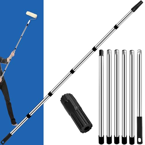 Paint Roller Extension Pole 2.4m, 6 Segmented Lightweight Stainless Steel Telescopic Pole, Extension Pole with Tapered Adapter, Extendable Roller Pole for Painting and Cleaning Tools