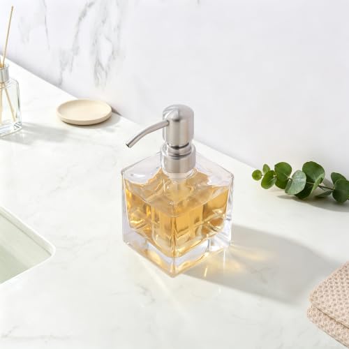 Image of Square Bathroom Soap Dispenser, Brushed Nickel, Glass Bottle, Stainless Steel Pump, Kitchen Hand Soap Dispenser