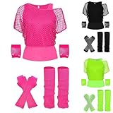 T-shirt en maille pour femme - Rose des années 80 - 70 et 90 - Ensemble de 4 pièces avec débardeur, chauffe-jambes, gants en maille - Haut en maille - Costume de fête à thème - Accessoires de fête à