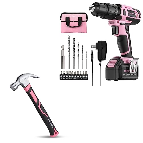 WORKPRO Pink Cordless 20V Lithium-ion Drill Driver Set+WORKPRO 16 oz Claw Hammer