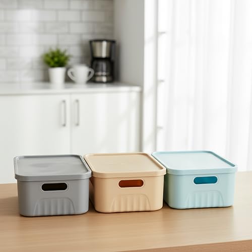 Image of Xmart India Plastic Storage Baskets with Lids - Multipurpose storage and organisers for Kitchen, Clothes,Toys, Office - Durable & Stackable storage box and organiser for Home & Kitchen(3 Pcs)