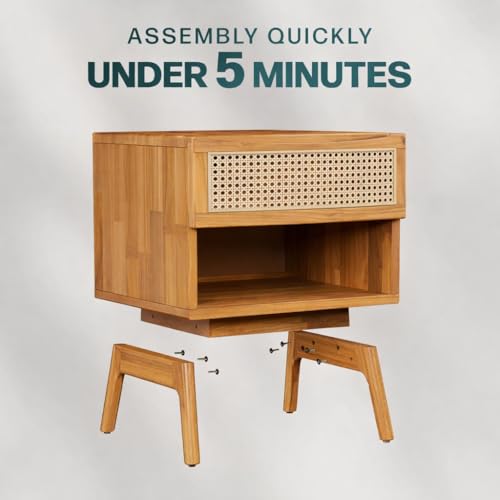 Image of Premium Solid Wood Cane Bedside Table with 1 Cane Drawer & Open Shelf | Handcrafted Rattan Nightstand for Bedroom Hotel Living Room (Natural Finish)