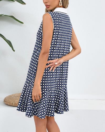 Image of YEXPINE Women's Sleeveless Polo Dress Ruffle Hem Lapel V Neck T-Shirt Summer Mini Dresses