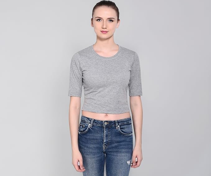 Cotton Blend Crop Top Fit Half Sleeve Round Neck T-Shirt for Women-image-0