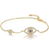 14K Gold Moissanite Evil Eye Bracelet for Women,Dainty Adjustable Evil Eye Charm Chain Bracelet,F...