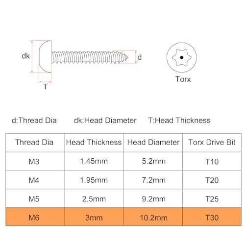 Miniatura 2 de Quarkzman M6 X 50mm Tornillos De Chapa De Seguridad De Cabeza De Botón Torx, 10pcs Tornillos Autorroscantes De Acero Inoxidable 304 Resistente A Manipulación Con T30 Brocas Plateado