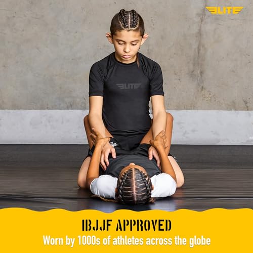 Image of Elite Sports Kids Jiu Jitsu BJJ Rash Guard, Short Half Sleeve Compression Shirt for Youth Boys Girls Sports Nogi Training