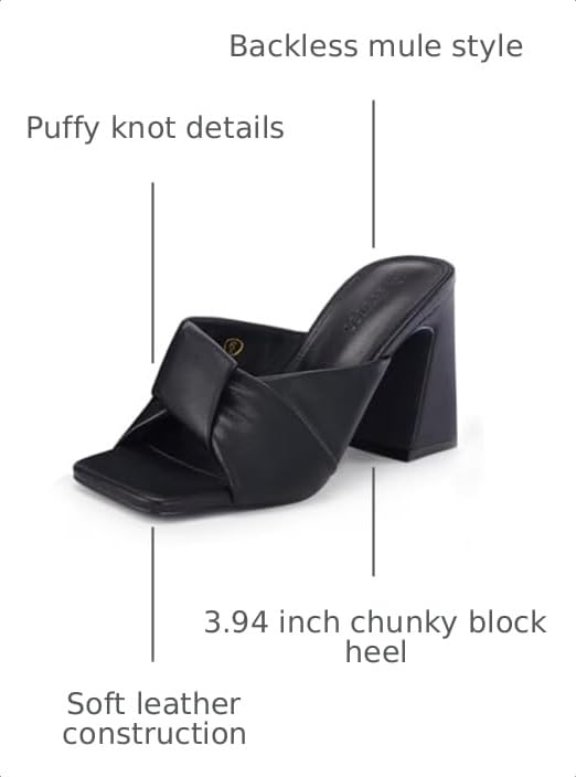Image of Coutgo Womens Chunky Heeled Mules Puffy Knot Square Open Toe Slip On Sandals Summer Evening Party Prom Shoes