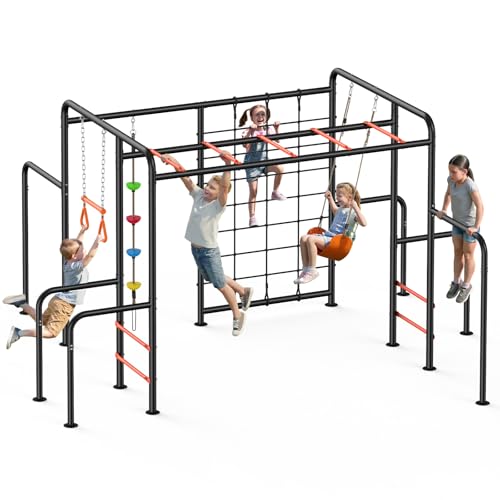 Hapfan Outdoor Jungle Gym with Monkey Bars Frame, 5-in-1 550lbs Heavy-Duty Metal Swing Sets for...
