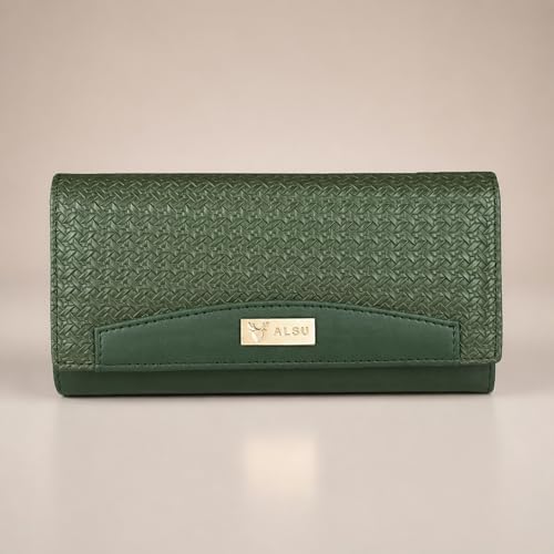 Image of ALSU Premium Vegan Leather Women's Wallet Black | Elegant Clutch Purse with 6 Card Slots, 3 Main Compartments & Phone Pocket | Designer Wallet for Everyday Use (Green)