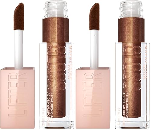 Image of MAYBELLINE Lifter Gloss, Hydrating Lip Gloss with Hyaluronic Acid, High Shine for Plumper Looking Lips, Crystal, Golden Neutral, 0.18 Ounce (Pack of 2)