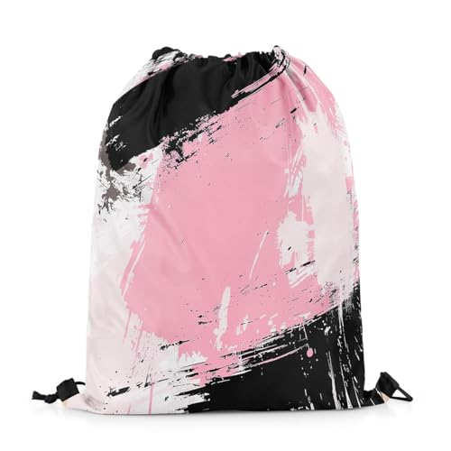 Feelyou Abstract Art Drawstring Backpack Geometric Gym String Bag Decor Stripe Line Drawstring Bags Modern Striped Art Waterproof Cinch Bag Bedroom Pink Black White2