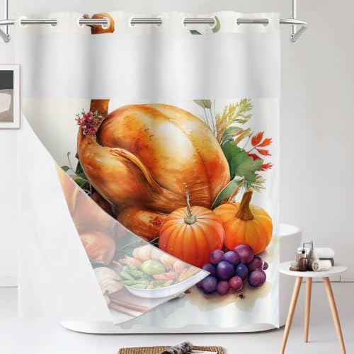 Shrahala Happy Thanksgiving Day Shower Curtain with Snap in Liner Set, Turkey Gourmet Food Grapes Squash No Hooks Stall Curtain Waterproof for Bathtubs Magnetic Hem 71 X 86 in