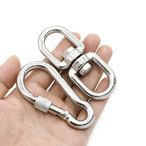 Hamineler 2Pcs M8 304-Stainless Steel Swivel Ring Double Ended Swivel Eye Hook, 2Pcs M8 Spring Hook, for Marine Mooring, Tree Swing, Hammock, Hanging Rotating Device