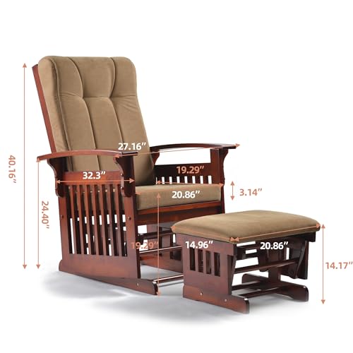 Solid Wood Glider Rocking Chair and Ottoman Set, Rustic Nursery Glider Rocker with Padded Cushion, Smooth Rocking Motion Indoor Living Room Nursing,Napping,Reading, Reddish Brown with Tan - Image 3