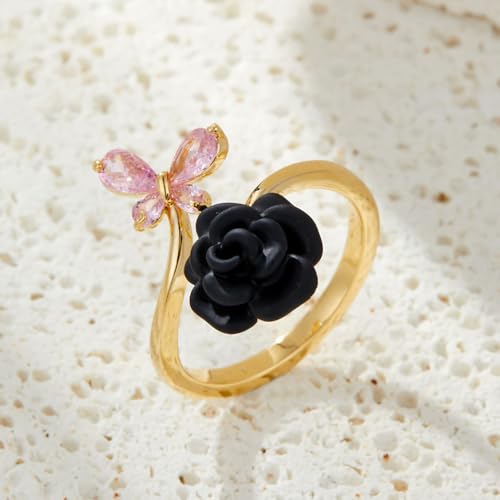 Kokoma Black Rose Flower Butterfly Wrap Finger Ring for Women Pink Crystal CZ Butterfly Open Statement Ring Eternity Promise Engagement Ring Dainty Jewelry Xmas4