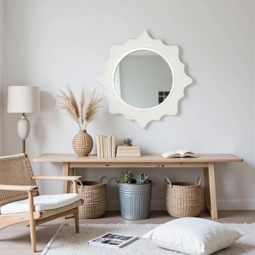 20" Boho Circle Wall Mirror White Wooden Framed Sun Mirror Round Bathroom Mirror Decorative Hanging Vanity Mirror with Tassels Nursery Mirrors for Girl Living Room Bedroom Entryway - Image 7