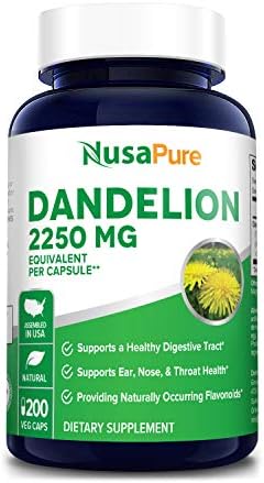 Dandelion Extract 2,250mg 200 Veggie Capsules (Non-GMO, Extract 5:1 & Gluten Free) Supports Ear, Nose and Throat Health* Supports Healthy Digestion