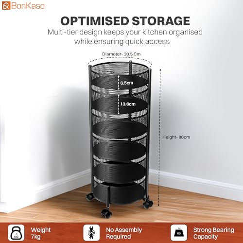 Image of BonKaso 6-Layer Round Multipurpose Kitchen Trolley with Swivel Storage Basket & 360 Rotating Wheels, Black Steel Frame, Easy Mobility, Space-Saving and Durable