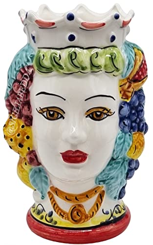sicilia bedda - Têtes de Moro SICILIENNES en céramique de CALTAGIRONE - Fabriquées à la main - Hauteur 18 centimètres (Femme, Couronne Rouge)