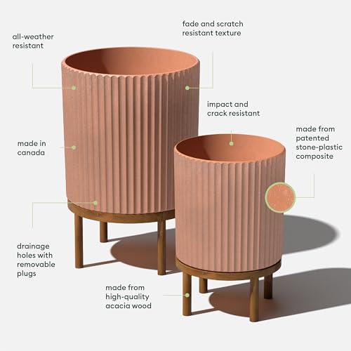 Image of Veradek Demi Series Raised Duo Planters - Set of 2 Planters with Stands | Made From a Durable Plastic-Stone Composite & Comes With Wooden Stand. Modern Porch /Patio Decor