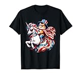 Cat riding Unicorn usa flag Patriotic 4th of July T-Shirt