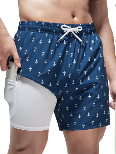 Arcweg Badehose für Herren Badeshorts mit Kompression Liner 2 in 1 Schnelltrocknend Strandhose Männer Elastisch Surf Shorts mit Reißverschlusstaschen L（EU