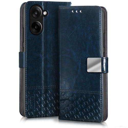 Image of FLIPPED Hand Stitched Honeycomb Dual Design Back Flip Cover Case for 1+ OnePlus Nord CE 5 5G (Shock Proof | Leather Finish | Wallet Case Card Holders & Stand) - Tanned Blue