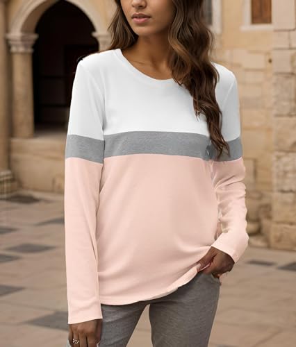 Long Sleeve Shirts for Women Color Block Tunic Tops Dressy Casual Round Neck Pullover Loose Fit Blouses4
