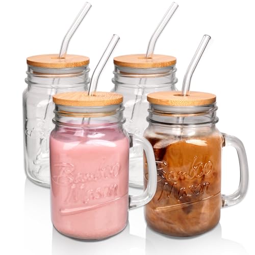 ANOTION Mason Jar Verres à boire – 473,6 g Bocaux Mason en verre avec couvercles et pailles Tasse à café glacé Bocal Mason Jar Bouteilles de jus de...