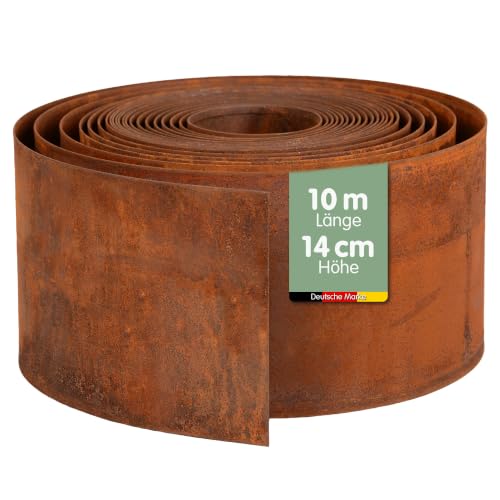 UNUS Rasenkante aus Cortenstahl 10 m x 14 cm Flexible Beetumrandung wetterfestes Metall Beeteinfassung für Garten Beet Rasen und Wege inkl. Handschuhe