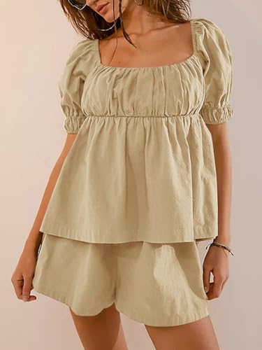 Image of Tankaneo Womens 2 Piece Outfits Summer Square Neck Short Puff Sleeve Babydoll Tops and Shorts Matching Set