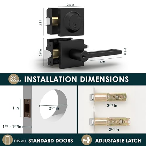 Image of Mega Handles Prime Entrance Combo, Entry Lever Door Handle and Single Cylinder Deadbolt Lock and Key Combo Pack, Heavy Duty Square Locking Door Levers Set for Left or Right-Handed Doors - Matte Black