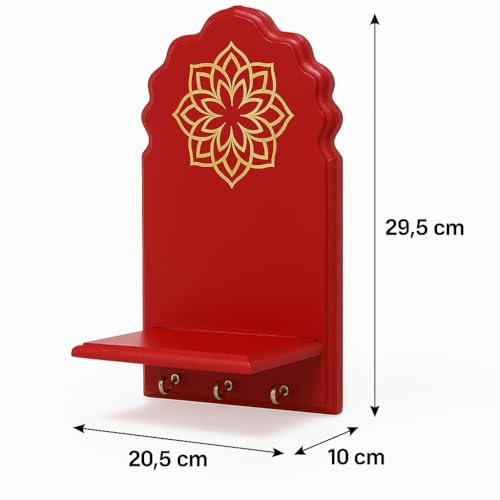 Image of Globally Indian Engineered Wood Keys Holder for Wall with Shelf | Mandala Design Key Stand Organizer for Home Entrance, Decorative Key Hanger for Wall, Entryway, Living Room, Floating Wall Shelf (Red)