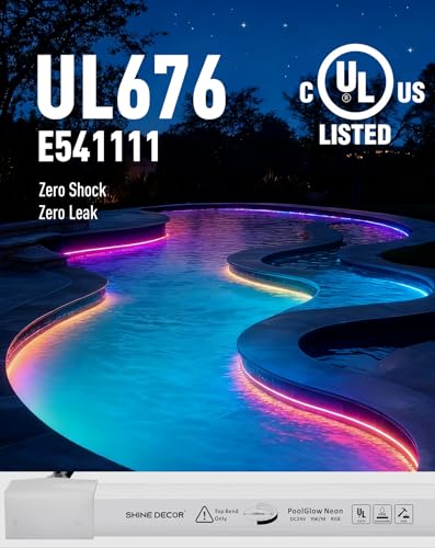 Image of Shine Decor IP68 Waterproof LED Strip Light, 24V Pool Rated Submersible Silicone Neon, UL Listed Underwater Outdoor LED Rope Light for Pool Fountain Waterfall Bathtub, 16x16mm, RGB, 26.25FT